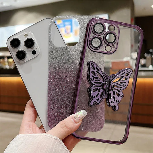 Gradient Glitter Butterfly Holder Plating Phone Cases for iPhone 15Pro 11 12 13 14 Pro Max Clear Shockproof Soft Silicone Cover by Buddy Brandz - view 2 | Buddy Brandz - alternate view | Buddy Brandz