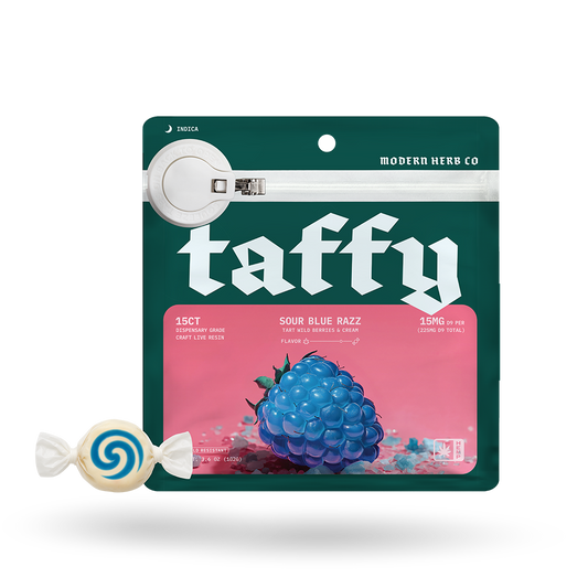 Live Resin D9 Taffy: Sour Blue Razz (Indica), 15ct by Modern Herb Co | Buddy Brandz | Buddy Brandz