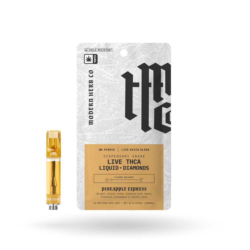 THCa Vape Cartridge Live Resin Liquid Diamonds: Pineapple Express (Hybrid) - 1g by Modern Herb Co | Buddy Brandz