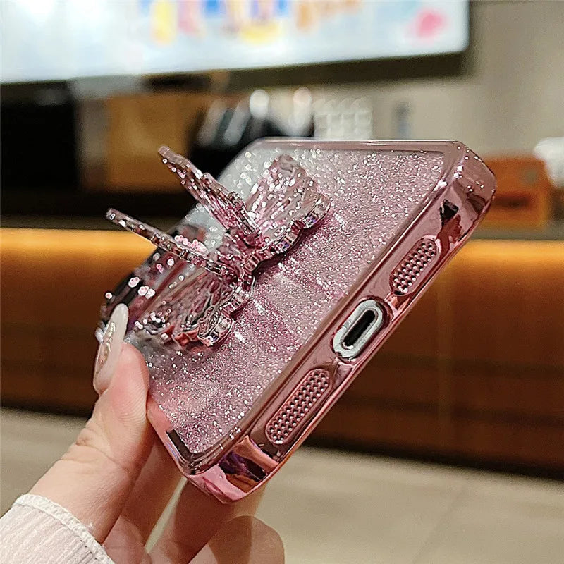 Gradient Glitter Butterfly Holder Plating Phone Cases for iPhone 15Pro 11 12 13 14 Pro Max Clear Shockproof Soft Silicone Cover by Buddy Brandz | Buddy Brandz
