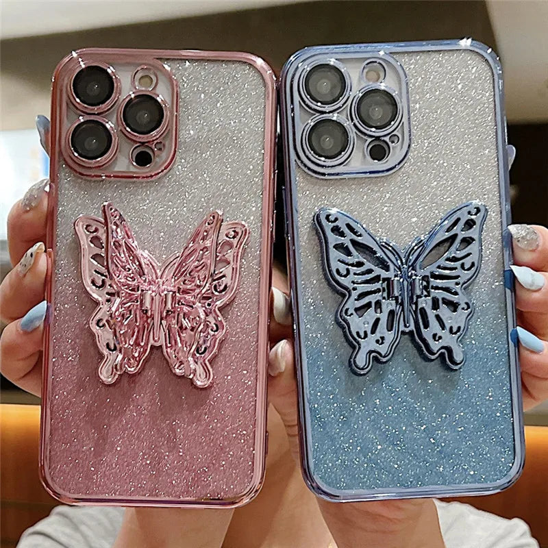 Gradient Glitter Butterfly Holder Plating Phone Cases for iPhone 15Pro 11 12 13 14 Pro Max Clear Shockproof Soft Silicone Cover by Buddy Brandz - view 3 | Buddy Brandz