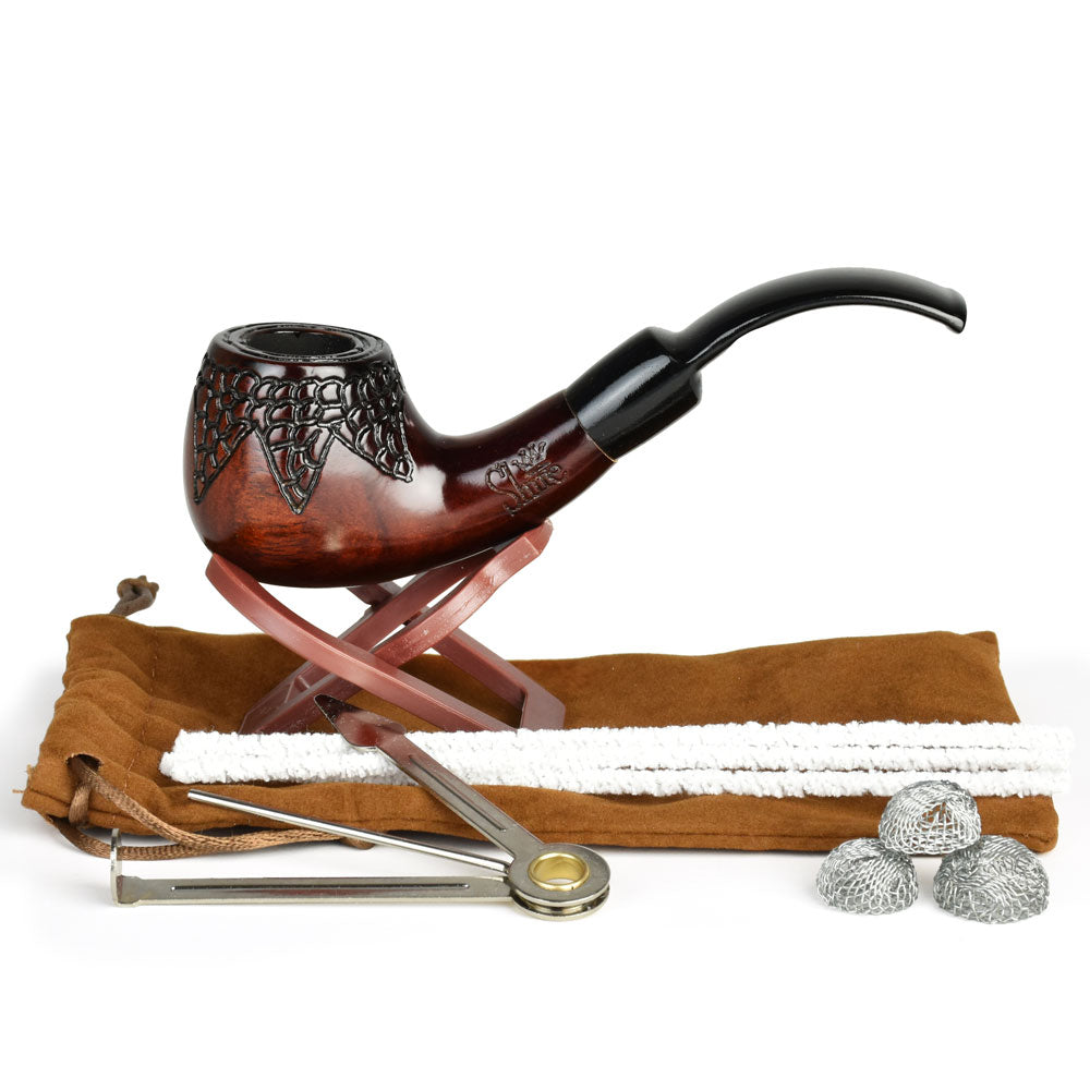 Pulsar Shire Pipes Engraved Bowl Bent Apple Cherry Wood Pipe - 5.5" by Smoke Drop - view 2 | Buddy Brandz