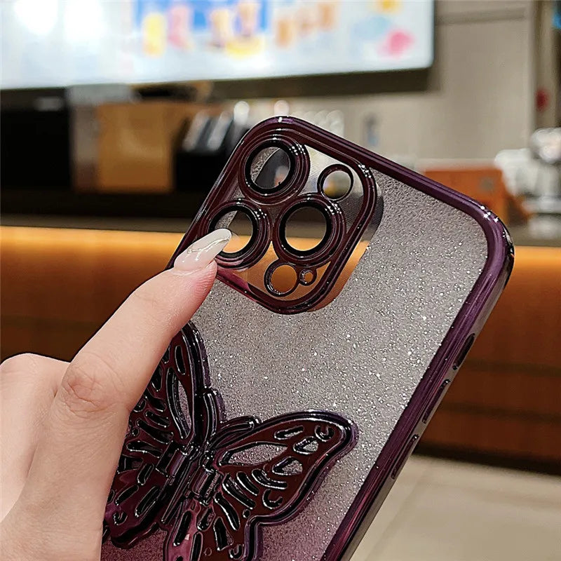 Gradient Glitter Butterfly Holder Plating Phone Cases for iPhone 15Pro 11 12 13 14 Pro Max Clear Shockproof Soft Silicone Cover by Buddy Brandz - view 4 | Buddy Brandz