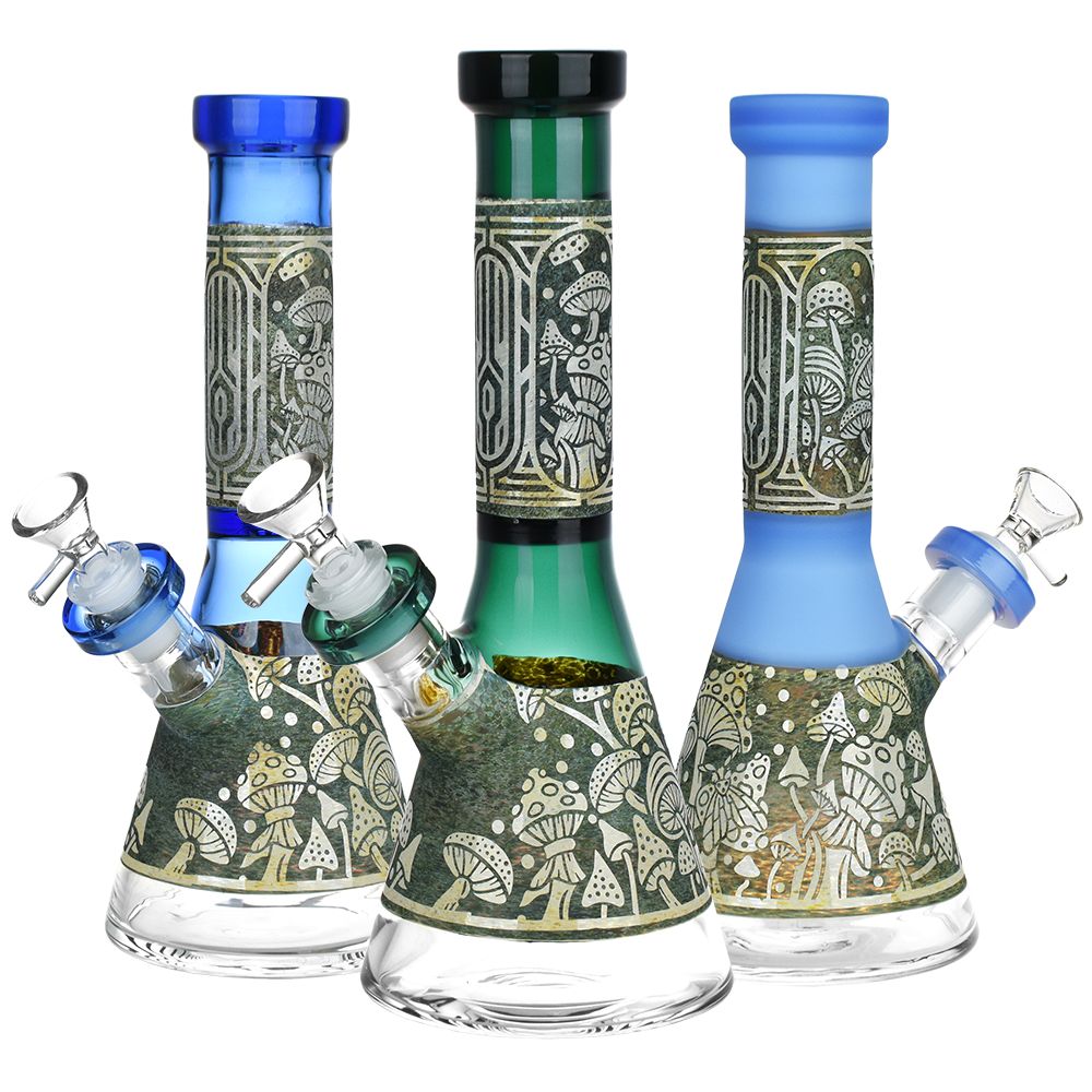 Mushroom Melange Etched Beaker Glass Water Pipe by Smoke Drop - view 3 | Buddy Brandz