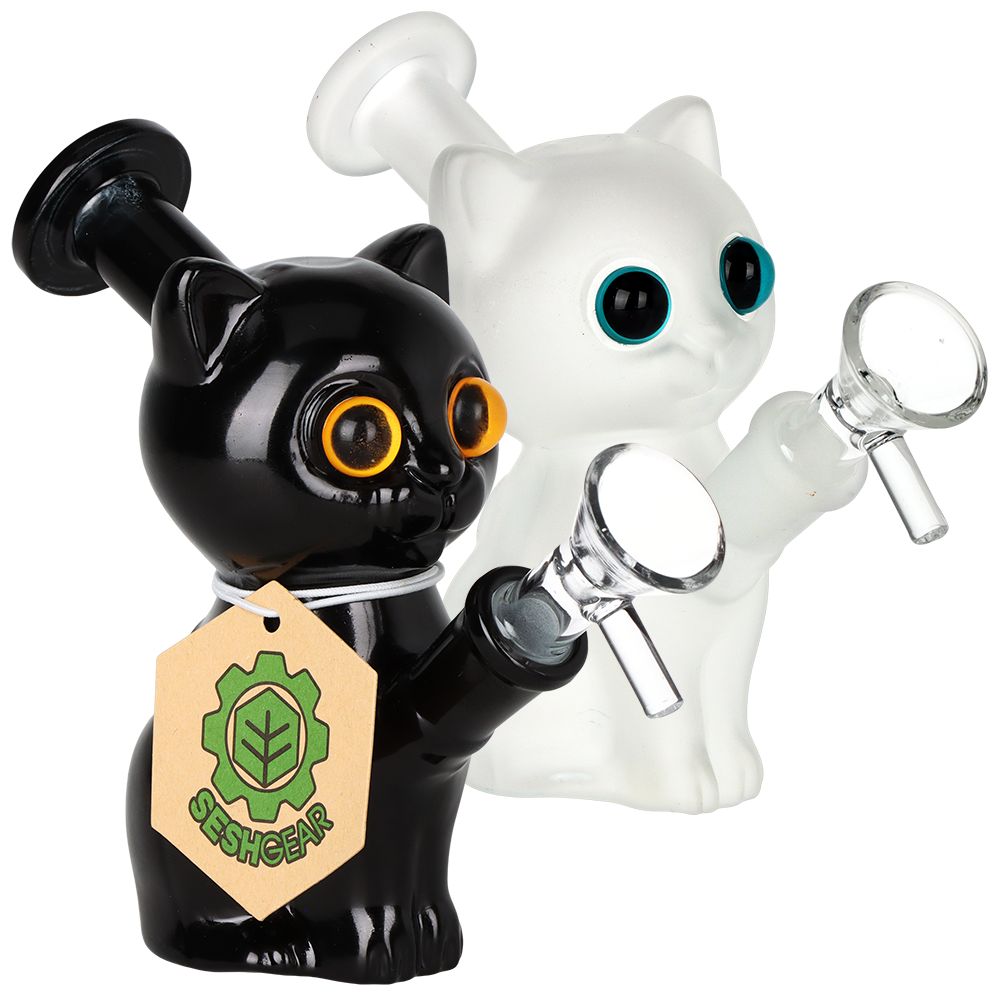 2PC SET - SeshGear Mesmerizing Kitty Glass Water Pipe  - 4.75" / 14mm F / Assorted Colors by Smoke Drop | Buddy Brandz