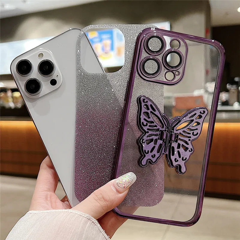 Gradient Glitter Butterfly Holder Plating Phone Cases for iPhone 15Pro 11 12 13 14 Pro Max Clear Shockproof Soft Silicone Cover by Buddy Brandz - view 2 | Buddy Brandz