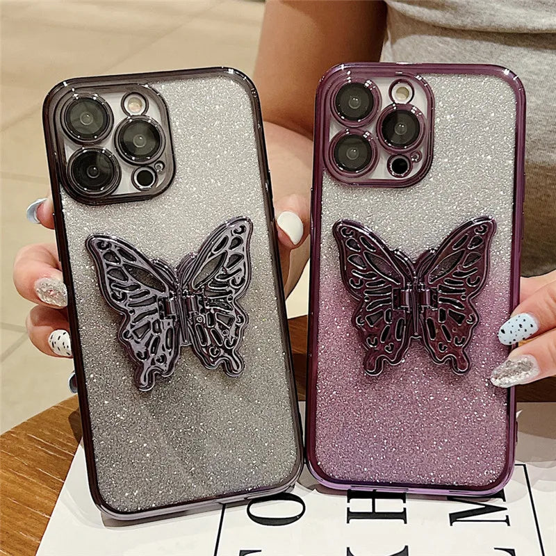 Gradient Glitter Butterfly Holder Plating Phone Cases for iPhone 15Pro 11 12 13 14 Pro Max Clear Shockproof Soft Silicone Cover by Buddy Brandz - view 6 | Buddy Brandz