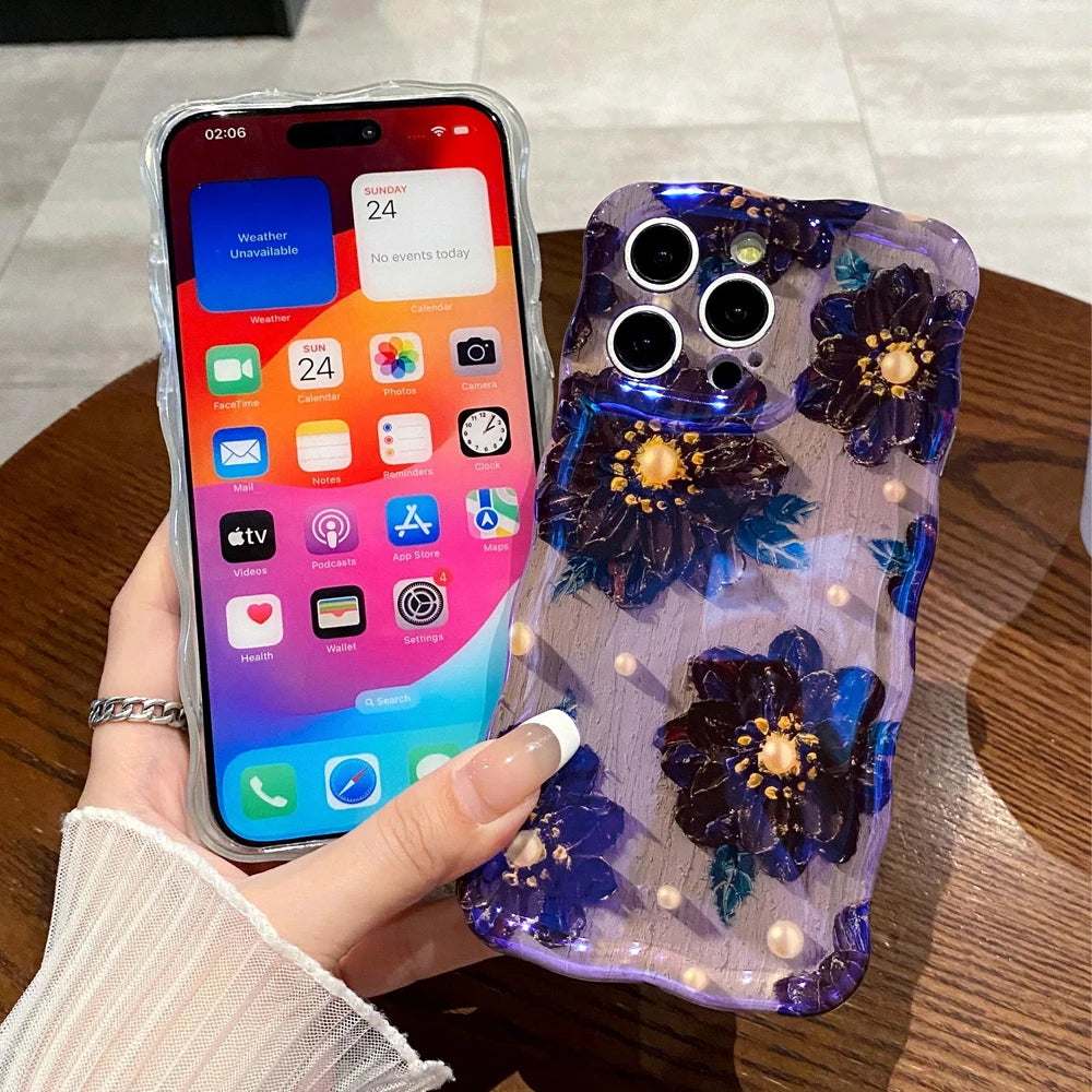 Wave Blue Light Oil Painting Flower Phone Case Suitable for iPhone 11 12 13 14 15 Pro Max Small Fresh Phone Case Cover Casing by Buddy Brandz - view 70 | Buddy Brandz