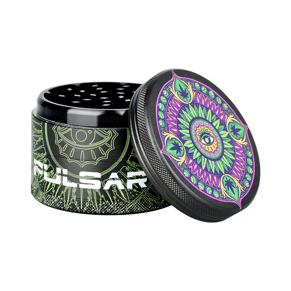 Pulsar Design Series Grinder with Side Art - Hemp Mandala / 4pc / 2.5" by Smoke Drop - view 4 | Buddy Brandz