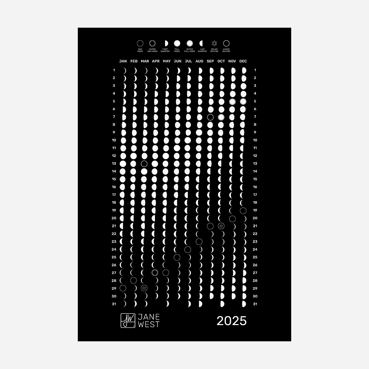2025 Moon Calendar Hemp Rolling Tray by Jane West - view 2 | Buddy Brandz