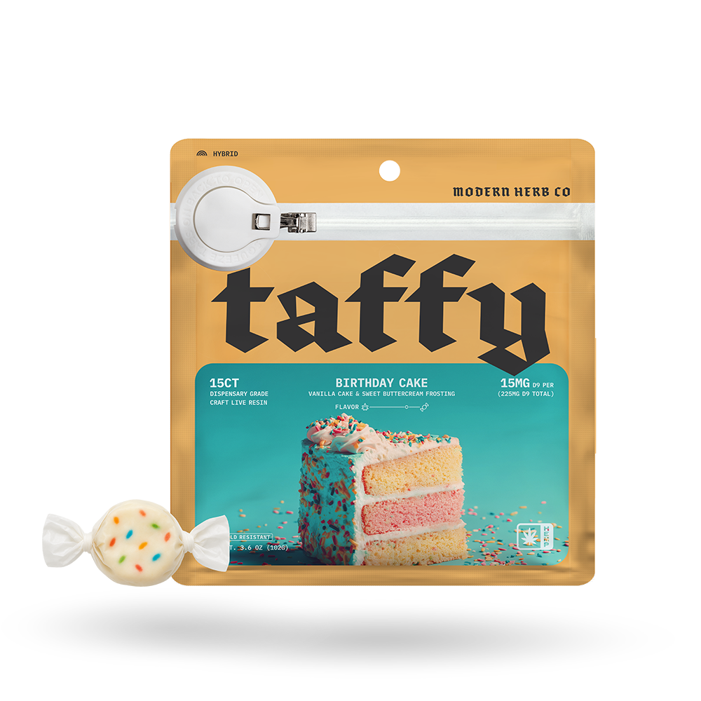 Live Resin D9 Taffy: Birthday Cake (Hybrid), 15ct by Modern Herb Co | Buddy Brandz