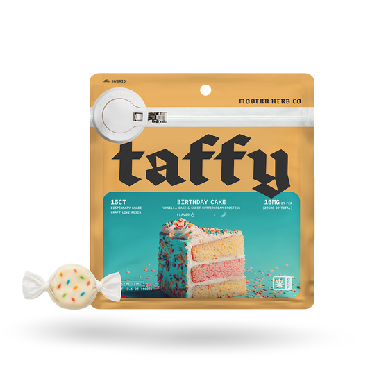 Live Resin D9 Taffy: Birthday Cake (Hybrid), 15ct by Modern Herb Co | Buddy Brandz | Buddy Brandz