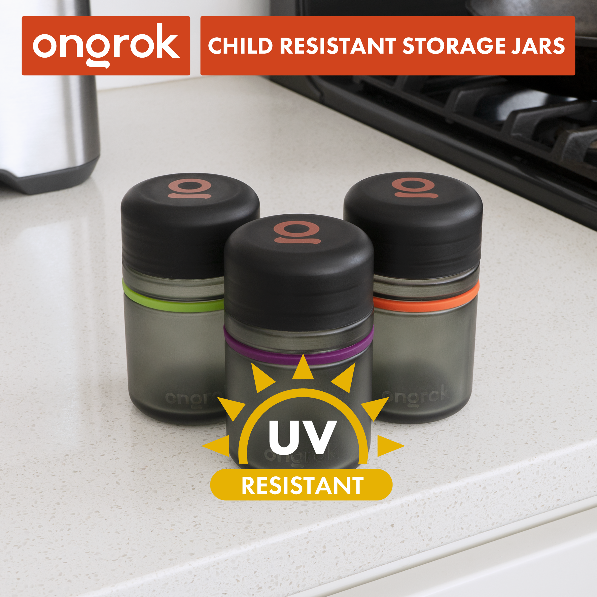 Ongrok Child Resistant Glass Storage Jar, 3 pack x 180ml each by Smoke Drop - view 3 | Buddy Brandz