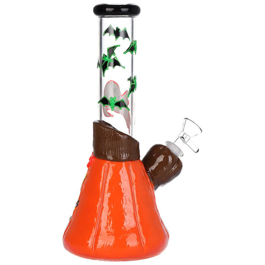 Bats 'n' Ghouls Jack-O-Lantern Glow in Dark Glass Water Pipe - 10" / 14mm F - alternate view | Buddy Brandz