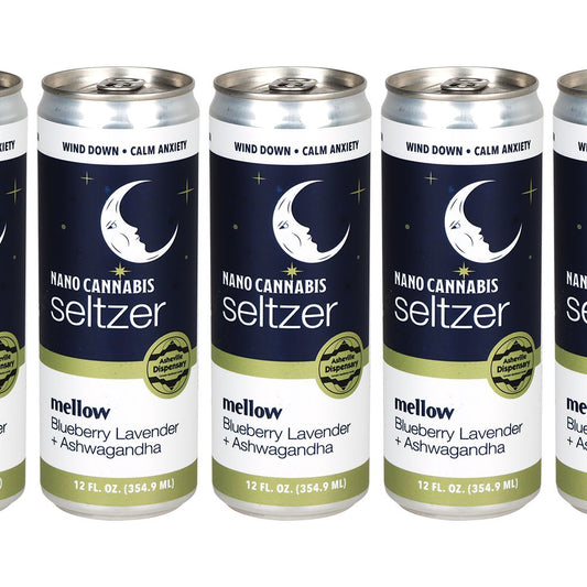 24CT CASE - Asheville Dispensary Nano Cannabis D9 Mellow Seltzer - 12oz / 30mg / Blueberry Lavender / Ashwagandha - alternate view | Buddy Brandz