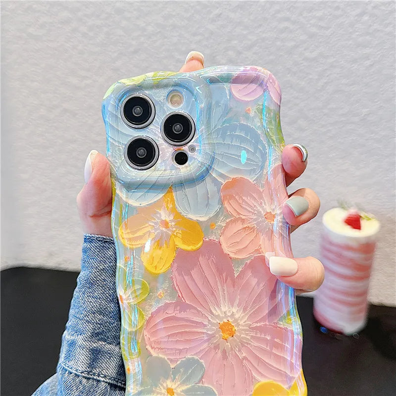 Ottwn Wave Dage Oil Painting Flower Pattern Phone Case For iPhone 15 Pro Max 14 13 12 11 Pro Soft Shockproof Back Bumper Covers by Buddy Brandz - view 5 | Buddy Brandz