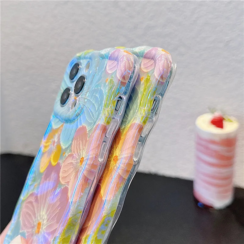 Ottwn Wave Dage Oil Painting Flower Pattern Phone Case For iPhone 15 Pro Max 14 13 12 11 Pro Soft Shockproof Back Bumper Covers by Buddy Brandz - view 3 | Buddy Brandz