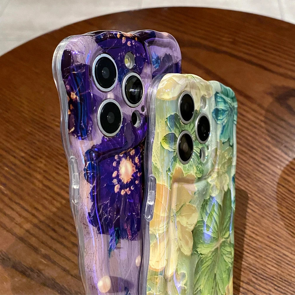 Wave Blue Light Oil Painting Flower Phone Case Suitable for iPhone 11 12 13 14 15 Pro Max Small Fresh Phone Case Cover Casing by Buddy Brandz - view 66 | Buddy Brandz