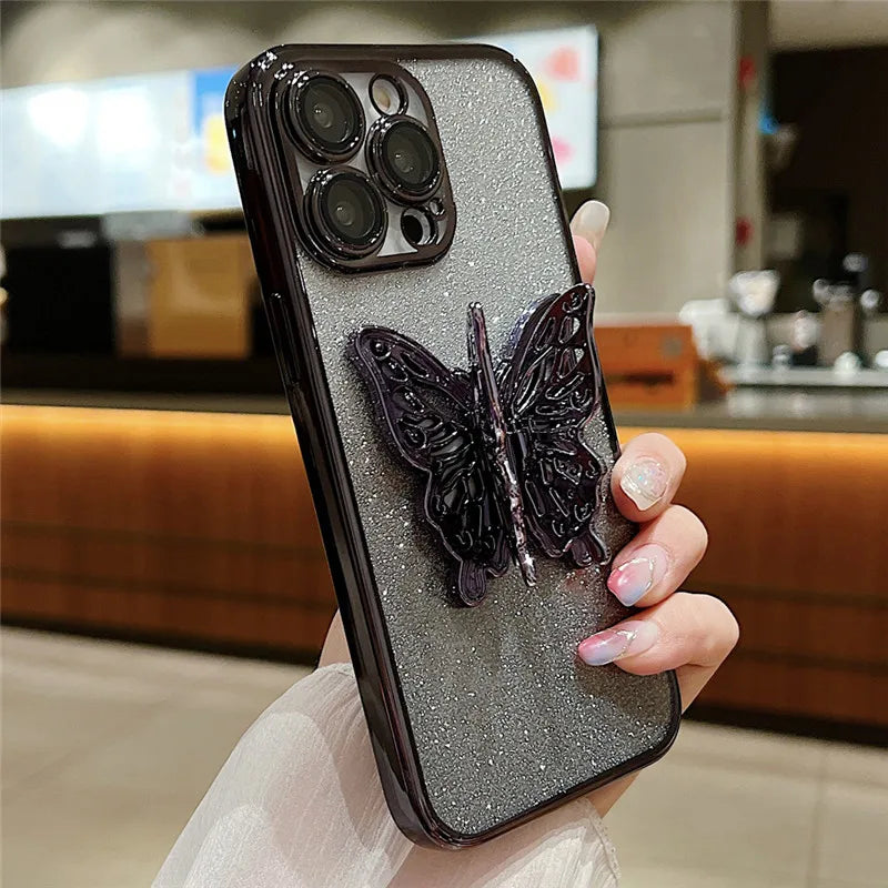 Gradient Glitter Butterfly Holder Plating Phone Cases for iPhone 15Pro 11 12 13 14 Pro Max Clear Shockproof Soft Silicone Cover by Buddy Brandz - view 5 | Buddy Brandz