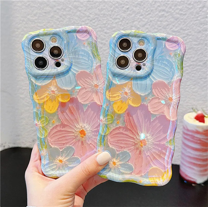 Ottwn Wave Dage Oil Painting Flower Pattern Phone Case For iPhone 15 Pro Max 14 13 12 11 Pro Soft Shockproof Back Bumper Covers by Buddy Brandz - view 2 | Buddy Brandz